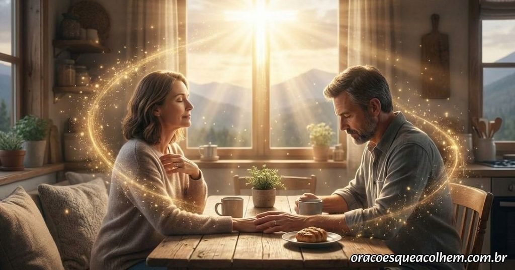 Casal sentado à mesa em silêncio, com a luz da manhã entrando pela janela
